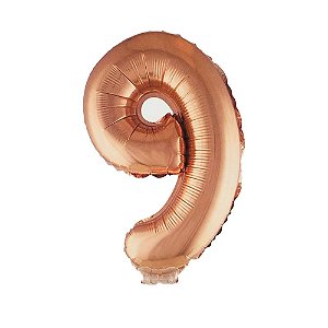 Número 9 Metalizado Rose 41cm 16" Balão C/Vareta Não Flutua