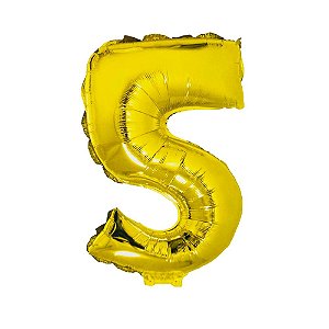 Número 5 Metalizado Dourado 41cm 16" Balão C/Vareta Não Flutua