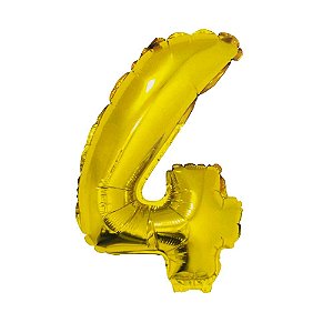 Número 4 Metalizado Dourado 41cm 16" Balão C/Vareta Não Flutua