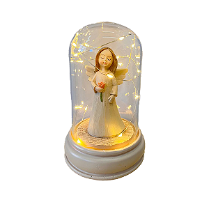 Redoma Led Anjo Bege Com Flor A Vidro Decorativa Festas