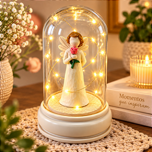 Redoma Led Anjo Bege Com Flor C Vidro Decorativa Festas