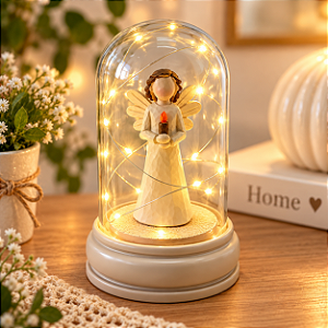 Redoma Led Anjo Bege Com Vela A Vidro Decora