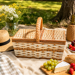 Cesta Picnic de Vime Pequena Enfeite Decorativa Festas