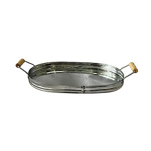 Bandeja Metal Galvanizado Oval Com Alça de Madeira Decoração