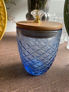 Pote De Vidro Azul Com Tampa De Bambu 300Ml