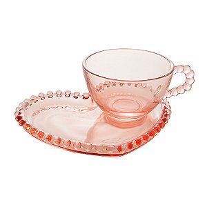 Xícara De Chá com Prato Sobremesa Coração Pearl Cristal Rosa 180ml