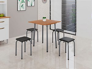 MESA DOBRAVEL COM 4 BANQUETAS – IMOP – PRATA C/ TAMPO AMADEIRADO ASSENTO PRETO
