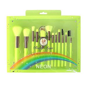 Kit com 12 Pincéis para Maquiagem Verde Limão Neon Ruby Anjo