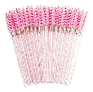 Kit Escovinha Cílios Sobrancelha Alongamento Glitter Rosa Extensão Descartaveis Profissional Henna - 12 pç