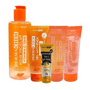 Kit Cuidados com a pele Vitamina C Dermachem - Sabonete, Esfoliante, Gel Hidratante, Água Micelar, Mascara facial Skincare - Dermachem