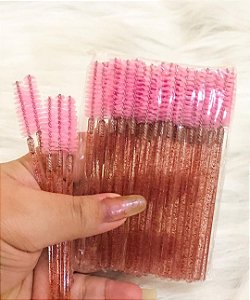 Kit Escovinha para Cílios Sobrancelha Alongamento Glitter Rosa Extensão Descartáveis Profissional Henna - 50pc