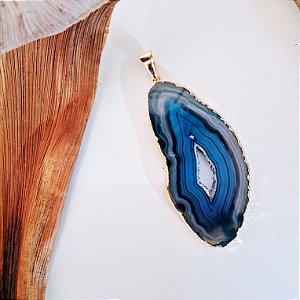 Pingente Ágata Azul - Borda Dourada - Folheado a Ouro