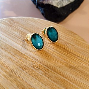 Brinco Oval Esmeralda Facetada - Folheado a Ouro