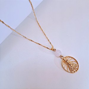 Colar Nossa Senhora Quartzo Rosa - Folheado a Ouro