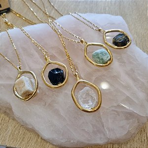 Colar Longo Cristal Bruto - Folheado a Ouro