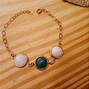 Pulseira Quartzo Branco e Quartzo Verde Redonda - Folheado a Ouro