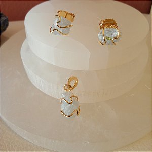 Conjunto Brinco e Pingente Cristais Brutos - Folheado a Ouro