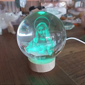 Bola de Cristal Sagrado Coração Maria Base LED de madeira