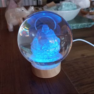 Bola de Cristal Buda Hotei Base LED de madeira