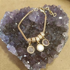 Pulseira Berloque Quartzo Rosa / Madrepérola / Ametista -  Folheado a Ouro