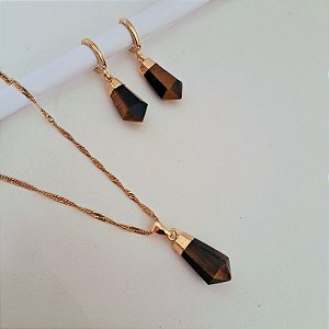 Conjunto Brinco Argola e Colar Prisma Olho de Tigre - Folheado a Ouro