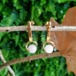 Brinco Suspenso Quartzo Rosa Rolado - Folheado a Ouro