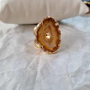 Anel Regulável Ágata Marrom - Folheado a Ouro