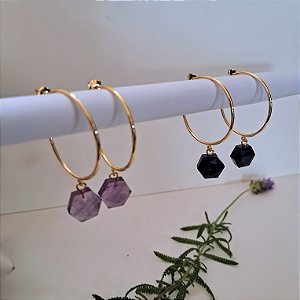 Brinco Argola Cristal Hexagonal- Folheado a Ouro