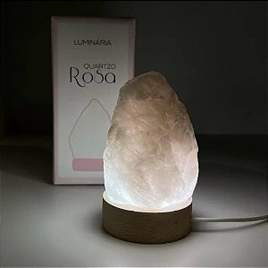 Mini Luminária Quartzo Rosa Led Branco - Base de Madeira