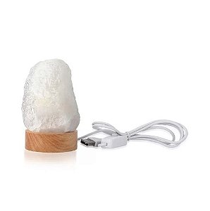Mini Luminária Quartzo Branco Led Branco - Base de Madeira -  Bivolt