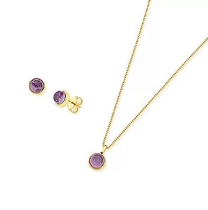 Conjunto Brinco e Colar Mini Pingo Ametista