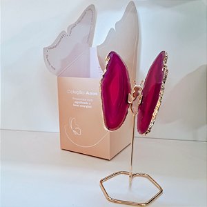 Borboleta Ágata Pink - Borda Dourada - Base de Ferro