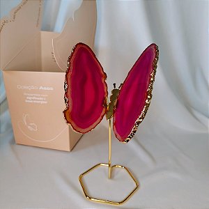 Borboleta Ágata Pink - Base Dourada - Base de Ferro