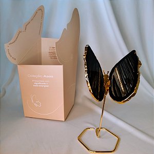 Borboleta Ágata Preta - Borda Dourada - Base de Ferro