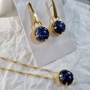 Conjunto Brinco Suspenso e Colar Redondo Sodalita - Folheado a Ouro