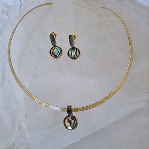 Conjunto Choker Aro e Brinco Abalone com Detalhe em Ródio Negro - Folheado a Ouro