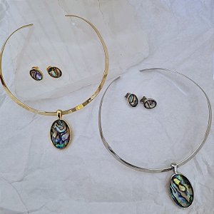 Conjunto Choker Aro e Brinco Abalone