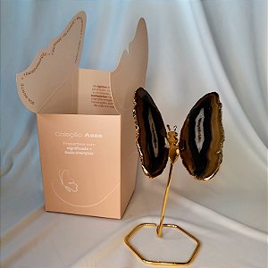 Borboleta Ágata Preta - Borda Dourada - Base de Ferro