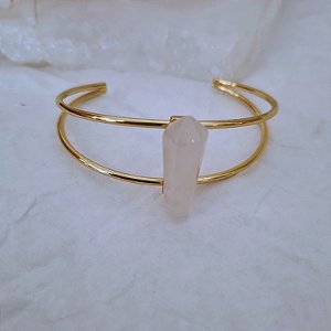 Pulseira  Bracelete Quartzo Rosa Prisma - Folheado a Ouro
