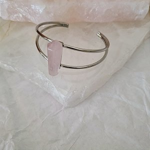 Pulseira  Bracelete Quartzo Rosa Prisma - Ródio Branco