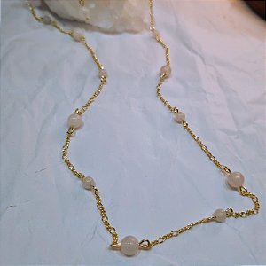 Colar Contas Quartzo Rosa - Folheado  a Ouro