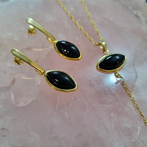 Conjunto Colar e Brinco Ágata Preta Pingente Fio - Folheado a Ouro