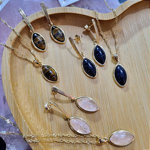 Conjunto Brinco e Colar Oval - Folheado a Ouro