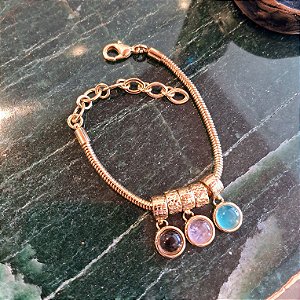 Pulseira Berloque Ágata Azul, Ametista, Obsidiana Fumê - Folheado a Ouro