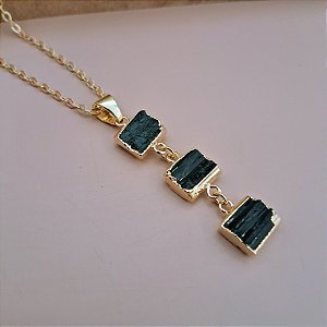 Colar 3 Turmalinas Negras Brutas - Folheado a Ouro