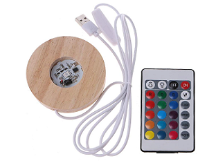Base Redonda De Madeira LED 8cm - Colorida - Com Controle