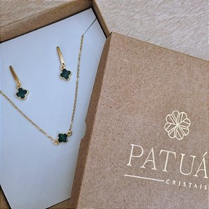 Conjunto Colar e Brinco Trevo Ágata Verde - Folheado a ouro