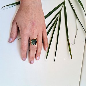 Anel Regulável Garra Turmalina Verde Bruta - Folheado a Ouro