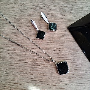 Conjunto Brinco e Colar Obsidiana Negra - Ródio Branco