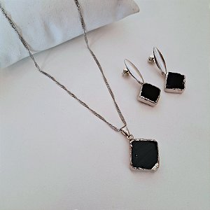 Conjunto Brinco e Colar Obsidiana Negra - Ródio Branco